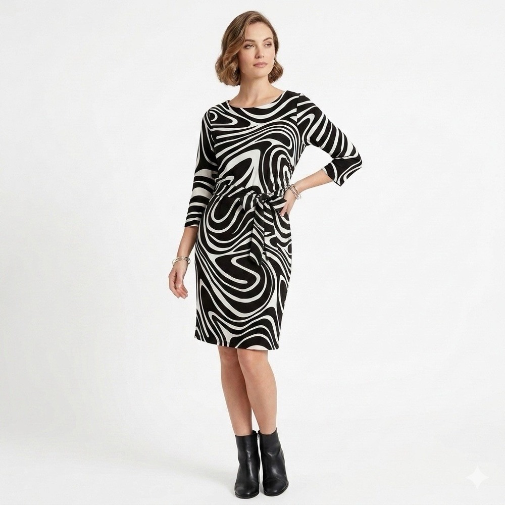 Chico's Shift Dress Sz 2 US Large Black White Print Tie Waist 3/4 Sleeve Stretch
